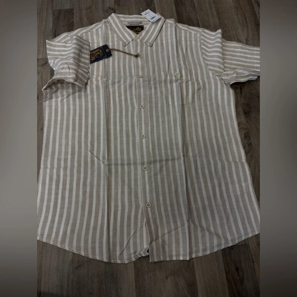 NWT Frontier‎ Threads XL Beige Stripe Short Sleeve Button Down Shirt Mens